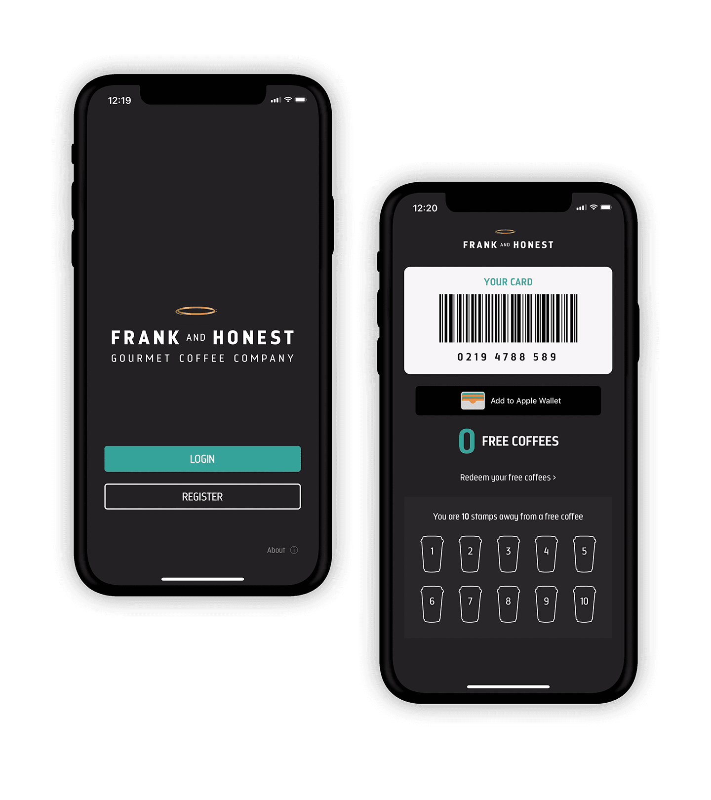 Frank and Honest — loyalty app screens