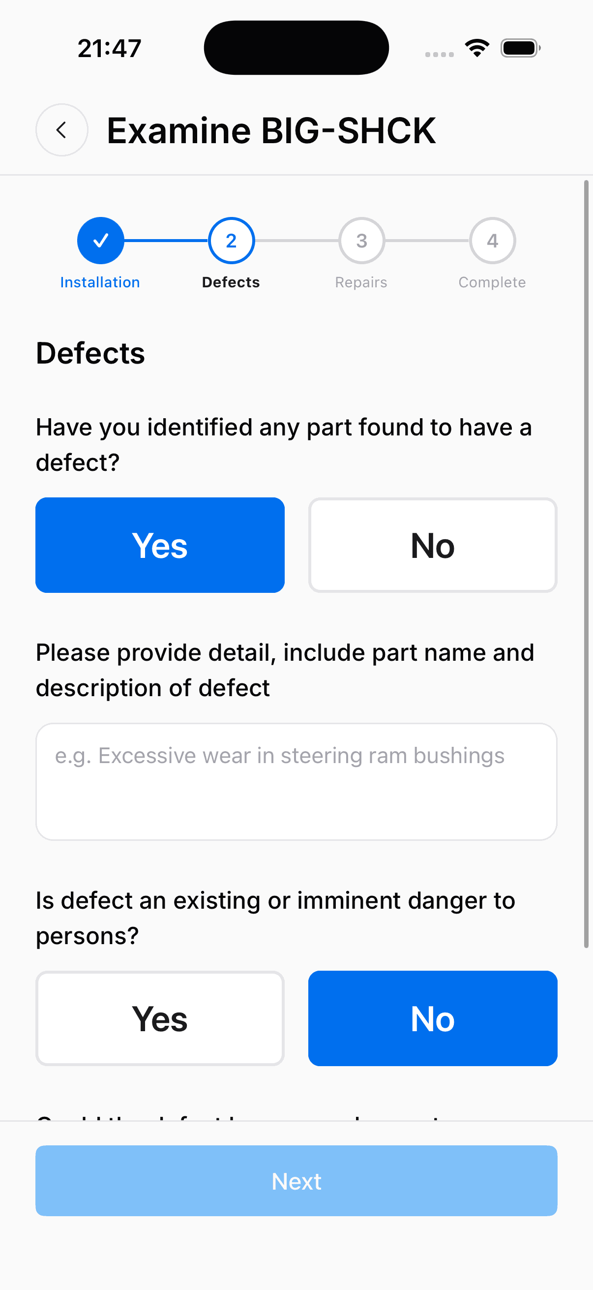 HEYN mobile examination app — defects step of the on-site inspection flow